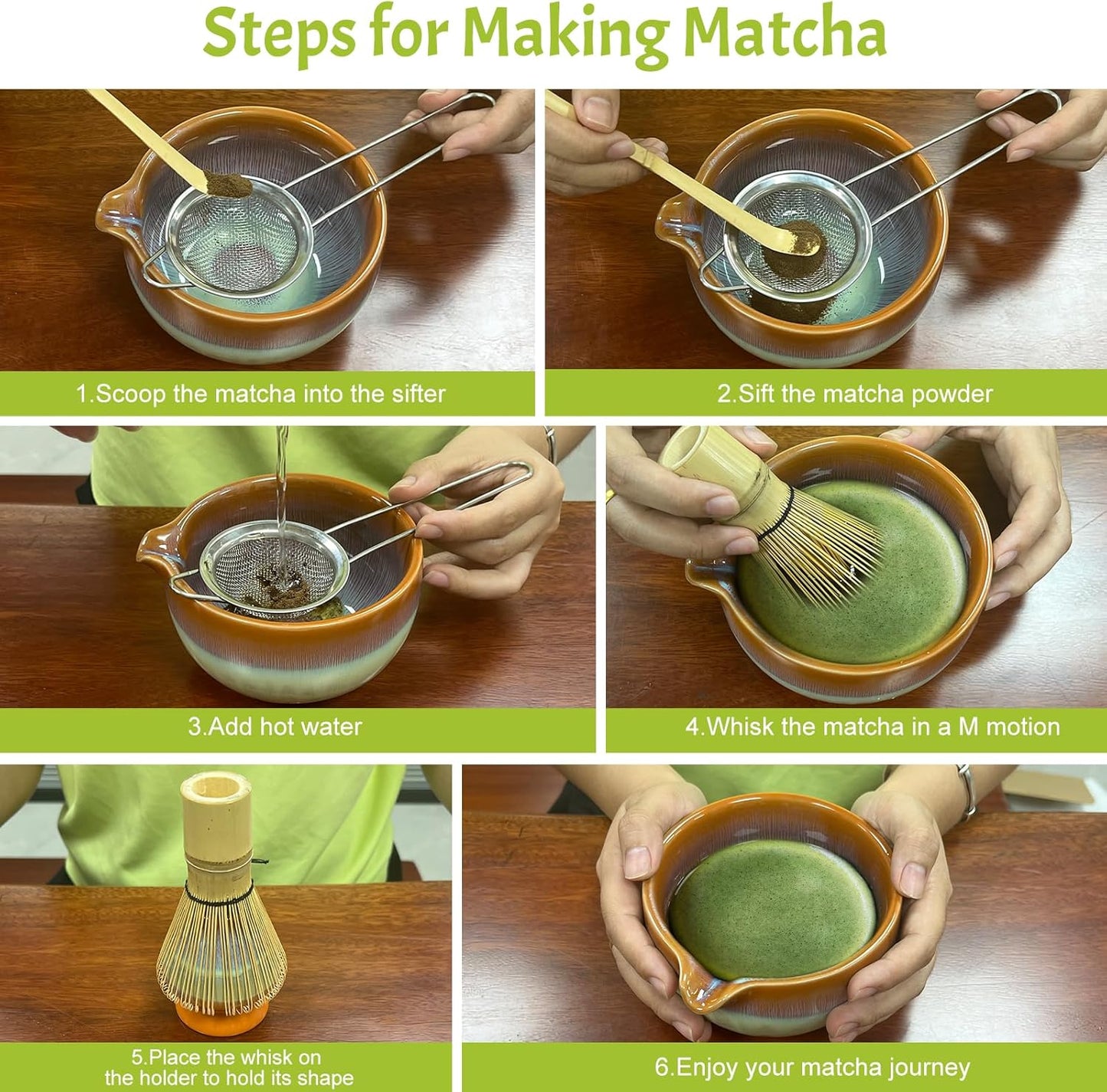 Matcha Whisk Set 6 pc Kit - Traditional Japanese Chasen, Bamboo Whisk Holder, Ceramic Bowl with Spout, Sifter & 2 pc Spoons - matcha kit set, Gift for Matcha Tea Lovers (Gradient Orange)