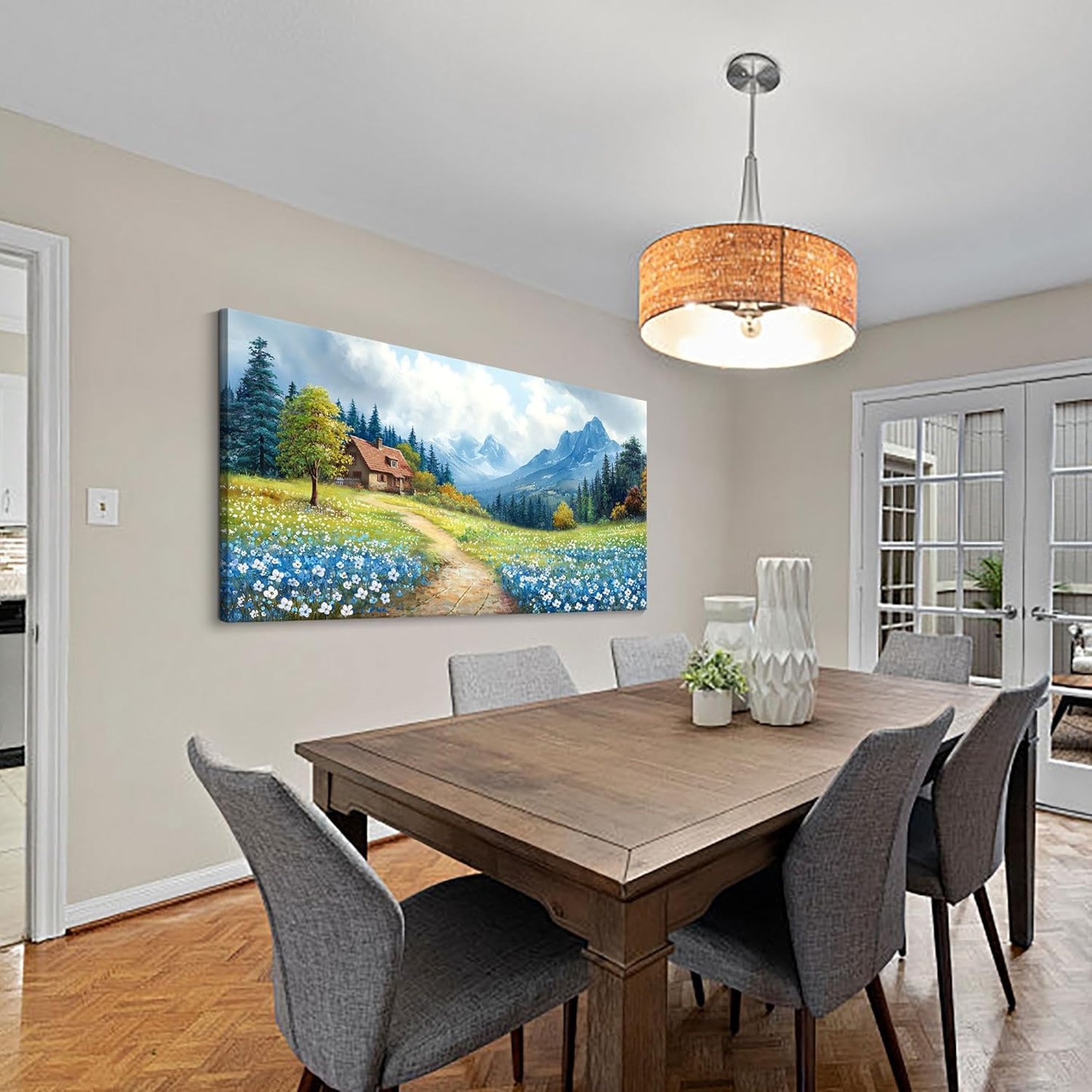 CHATYOUNG Large Mountains Wall Art,Rustic Blue Forest Wild Flowers Path Landscape Wall Paintings for Living Room Bedroom kitchen Home Decor Gifts for Women 29"X58"