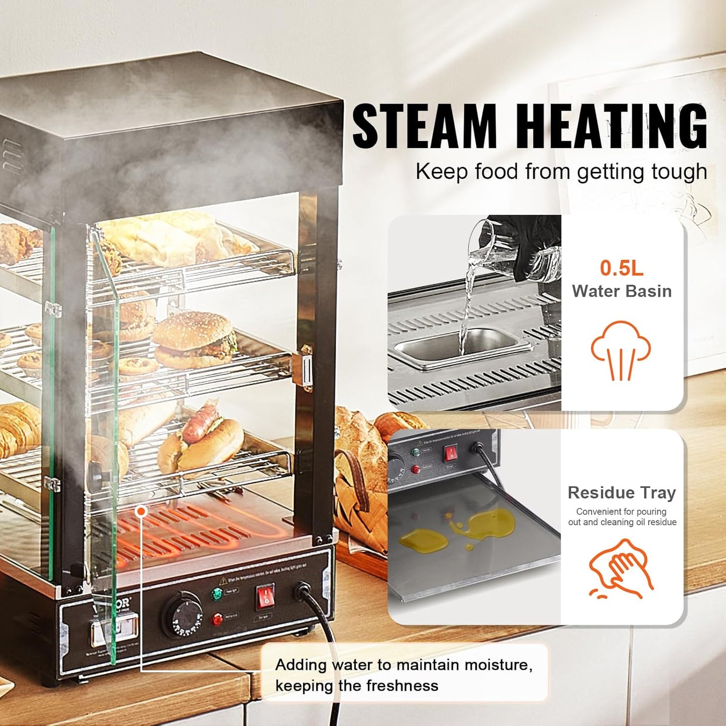 VEVOR 3-Tier Commercial Food Warmer Display, 1000W Food Display Warmer with Light, Adjustable Shelf and Temperature Display, 86℉~185℉ Steam Heating, 57L for Hamburger, Pizza, Bread, Fried Chicken