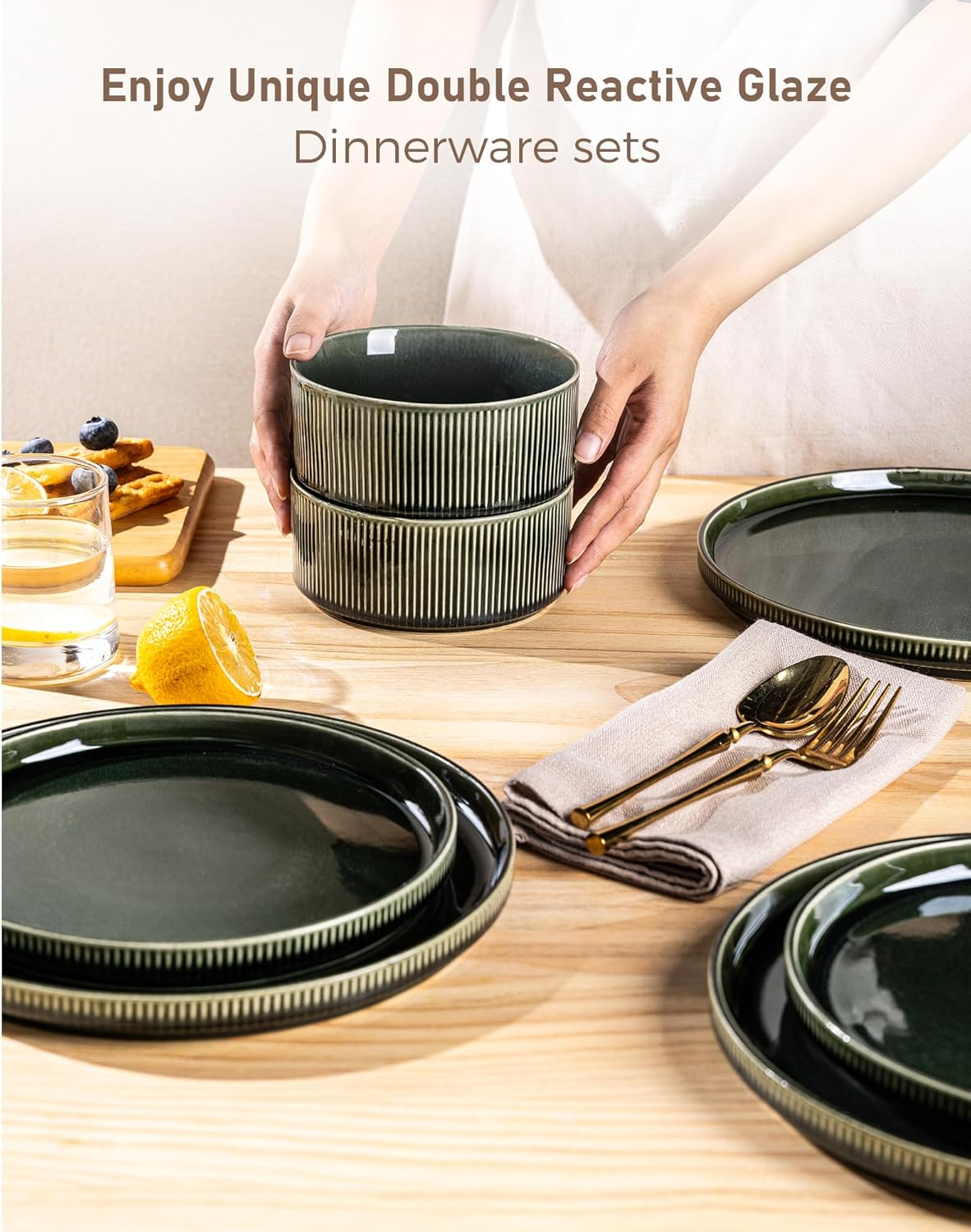 GBHOME Stoneware Dinnerware Sets for 4,Round Reactive Glaze Ceramic Plates and Bowls Set,Highly Scratch Resistant | Dishwasher & Microwave Safe Dishes Set,Service for 4(12Pcs)