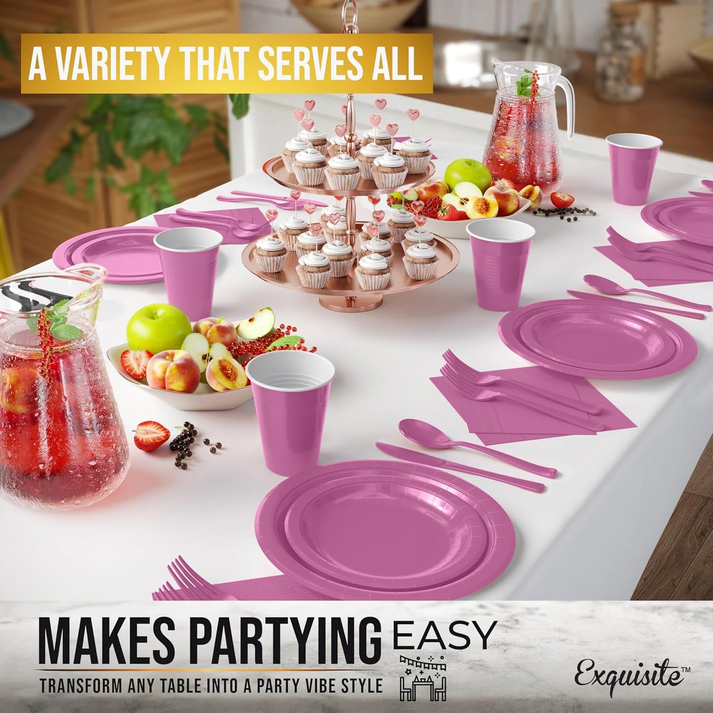 222 Pcs Hot Pink Paper Plates and Napkins Sets, Disposable Plates For Party, Lunch & Cocktail Napkins Paper, 18oz Plastic Cups, Cutlery and Hot Pink Table cloth Plastic Dinnerware Set