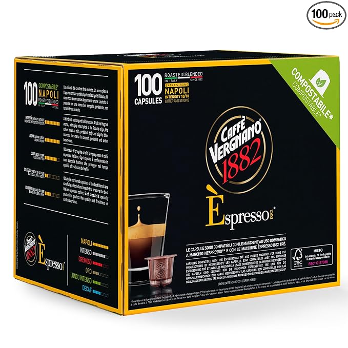 Caffe' Vergnano 1882 Medium Roast Espresso Original Line Machine Compatible Capsules, Single-Serve Arabica Robusta Espresso Coffee, Italian Coffee for Nespresso Machine, Intensity 10/10, Napoli, 100 Ct