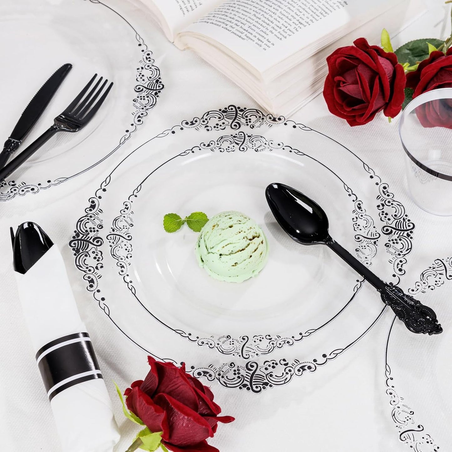 Hioasis 350pcs Clear Black Plastic Plates - Elegant Disposable Dinnerware Set Suitable for 50 Guests Include 10.25" Dinner & 7.5" Dessert Plates, Pre Rolled Silverware Set, Cups for Party & Halloween