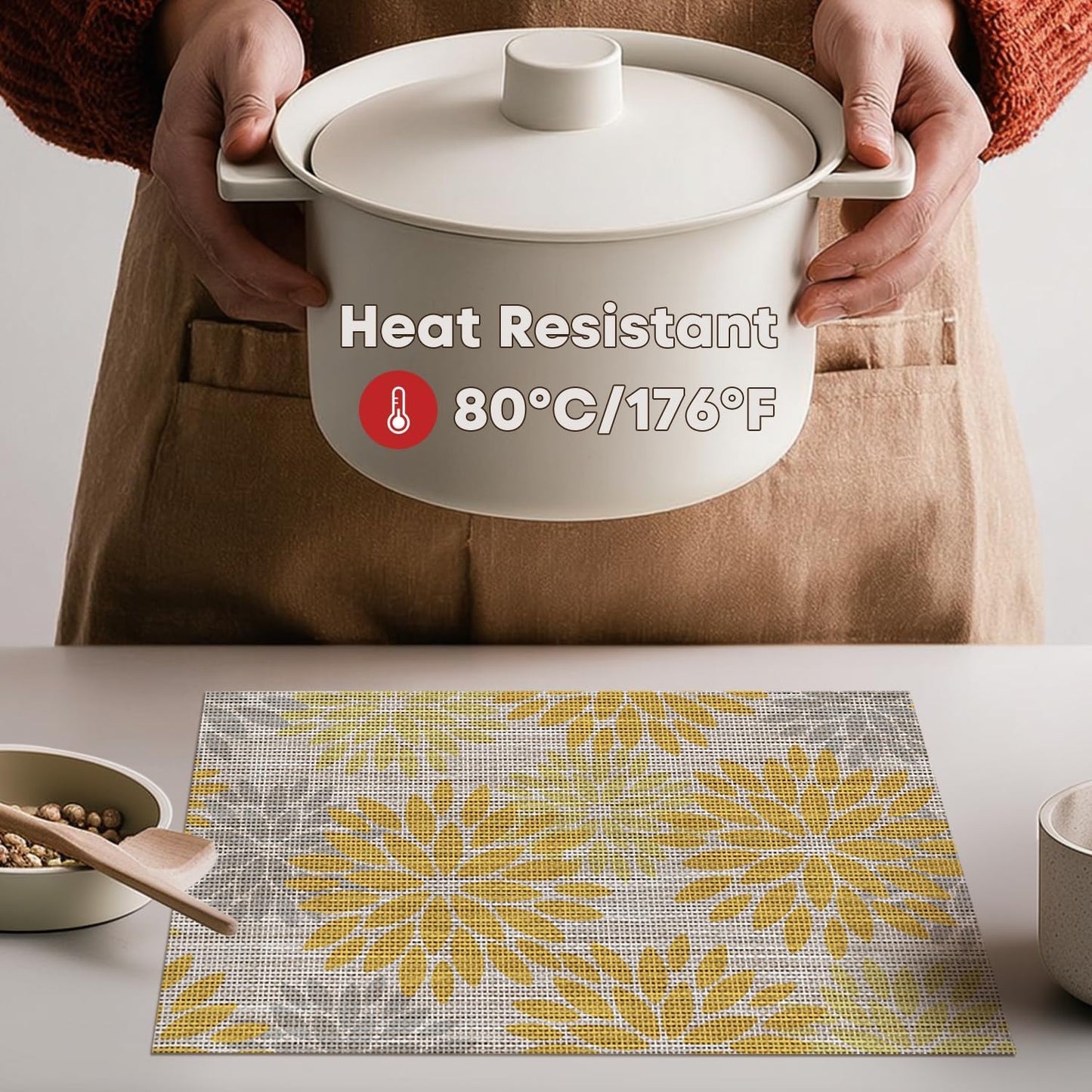 Artoid Mode Floral Plastic Placemats Set of 4, 12x18 Inch Washable Non-Slip Plastic Vinyl Place Mats for Party Kitchen Dining Decor, Yellow