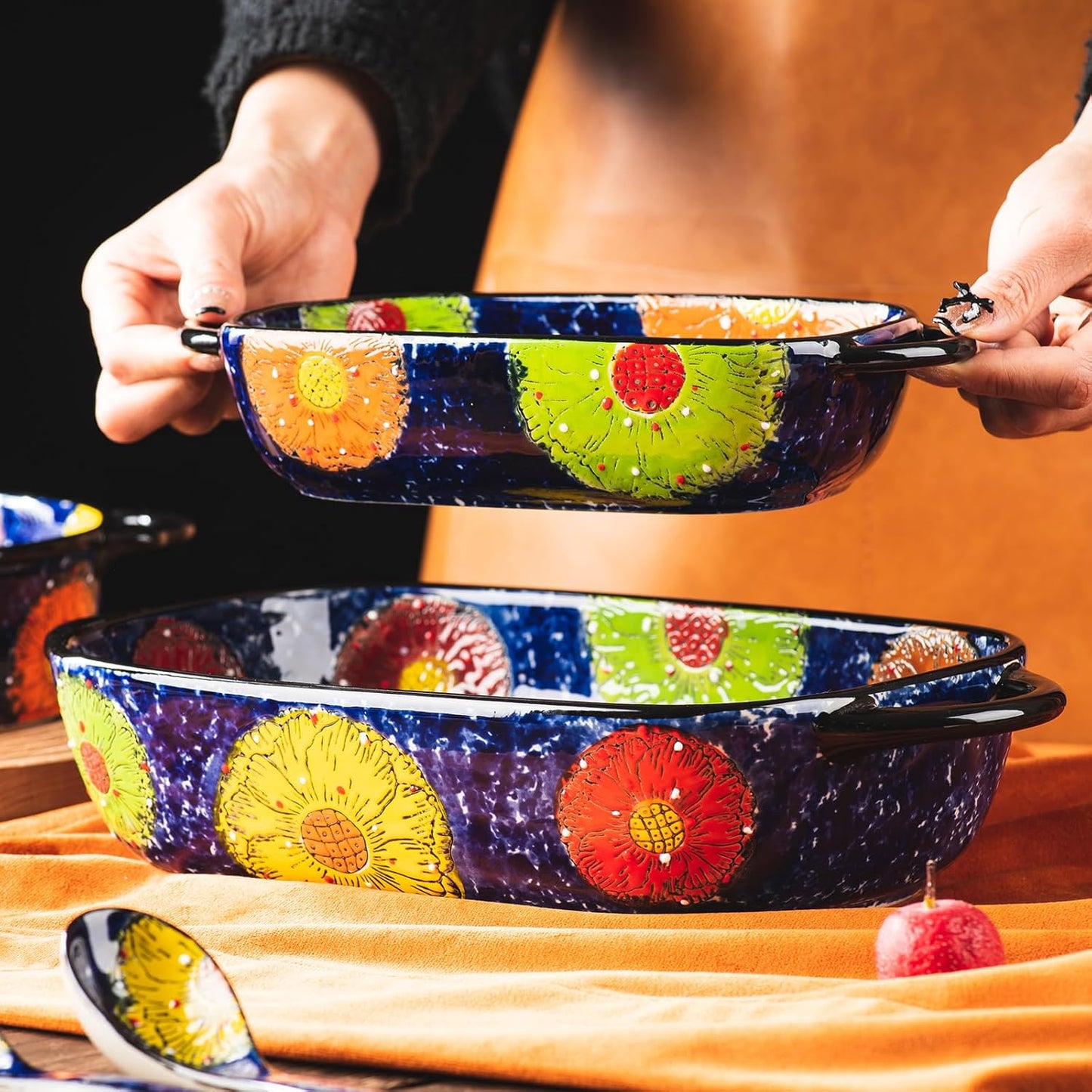 Retro pastoral style Ceramic Baking Dish Rectangular Bakeware Set Baking Pan, 2-piece Hand-painted Porcelain Baking pan with handle, Casserole Dish for Oven/Cooking/Kitchen (Van Impression)