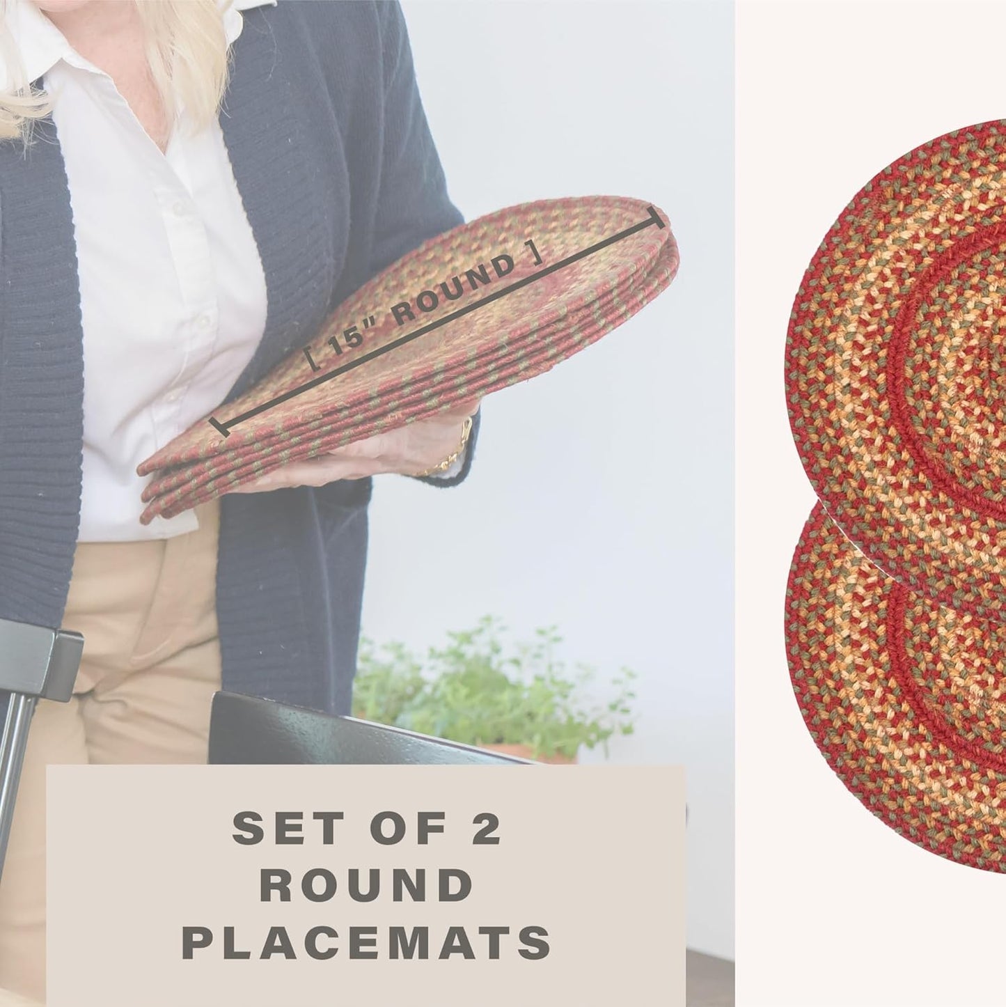 Cider Barn Round Braided Placemats, Warm Country Rustic Decor, Set of 2, 15", Red Jute Table Mats - Vibrant Colors, Durable, Easy to Clean and Protects Furniture