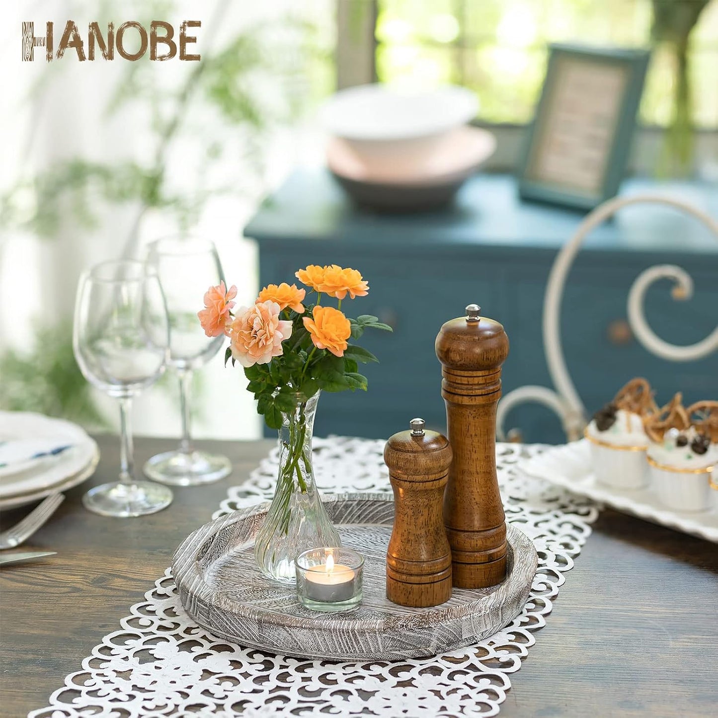 Hanobe Rustic Wooden Serving Tray Set of 2 Round Wood Butler Decorative Tray Whitewash Centerpiece Candle Holder Trays Farmhouse Ottoman Tray for Decor Kitchen Counter Home Decor for Coffee Table