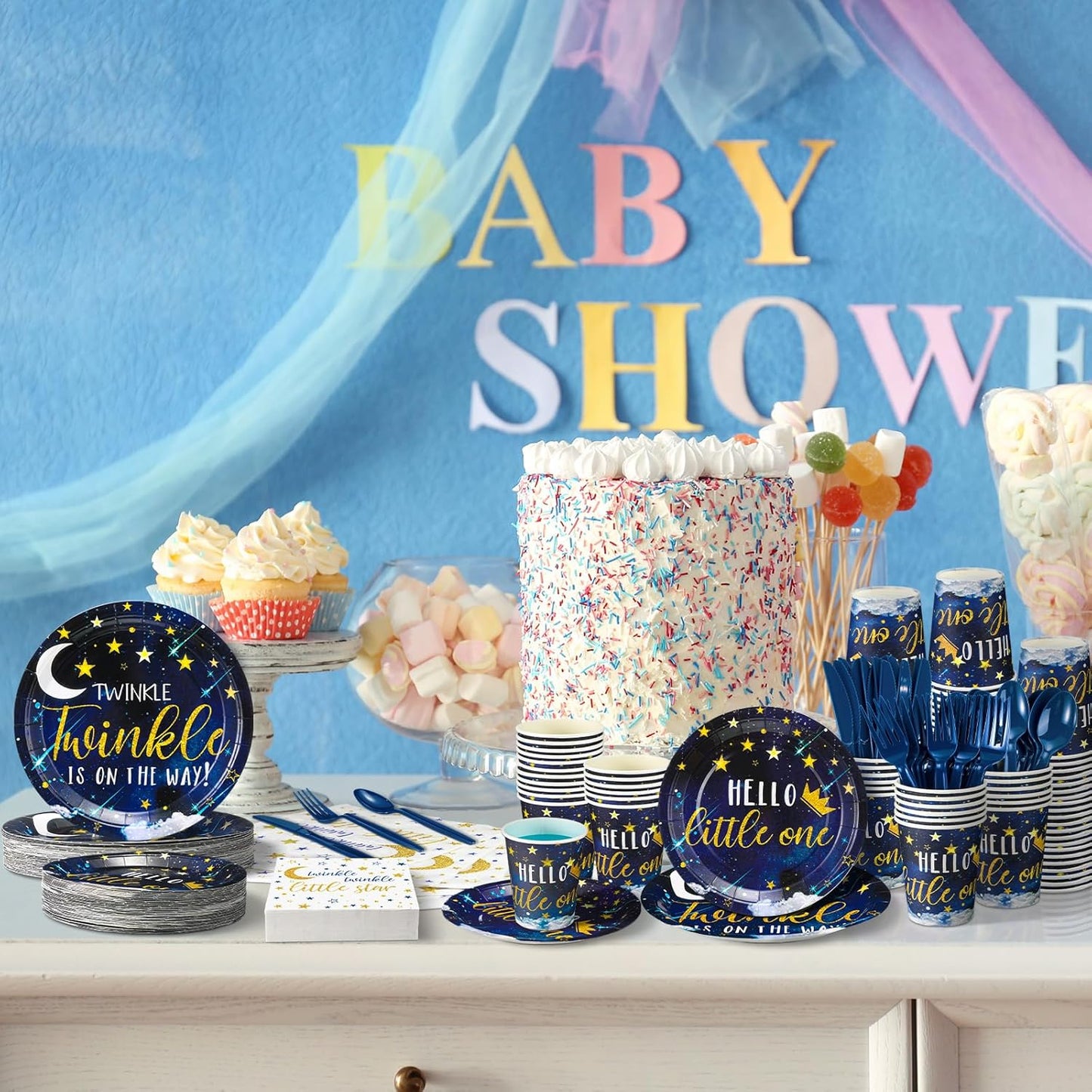 Dandat 350 Pcs Baby Shower Plates Set Baby Shower Party Supplies Serves 50 Tableware Sets Include Plates Napkin Cup Forks Knives Spoons Disposable Dinnerware(Twinkle Twinkle Little Star,Navy blue)