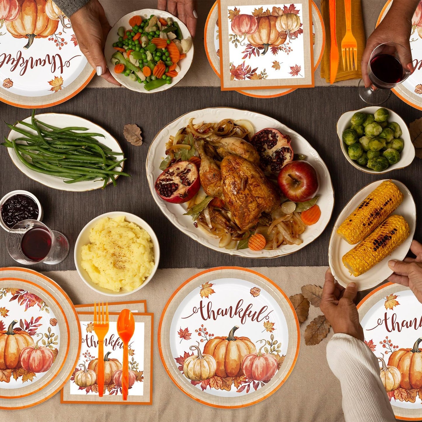 Autumn Harvest Thanksgiving Party Supplies Set - Complete Disposable Dinnerware Set for Thanksgiving Fall Party, Serves 24 Guests - Includes Plates, Cups, Napkins, and Cutlery