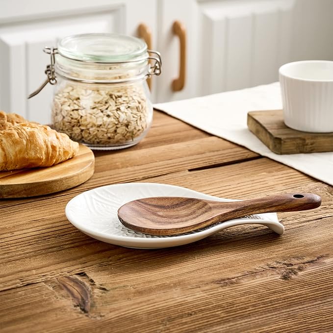 Ceramic Spoon Rest, 7.48 Inches Spoon Holder for Kitchen Counter, Kitchen Accessories, Dishwasher Safe, White