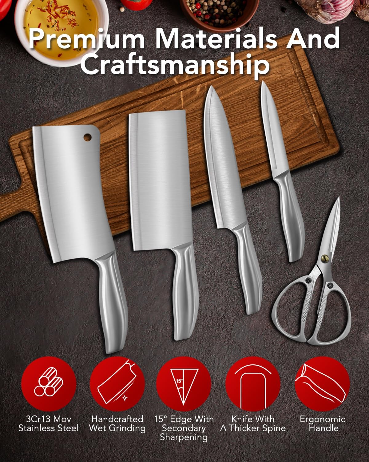 6Pcs Professional Chef Knife Block Set, Silver Stainless Steel Sharp Knives Set for kitchen with Built-in Sharpener Ergonomic Handle, Heavy Duty Cleaver &Butcher for Meat Bone Vegetables Fruit Cutting