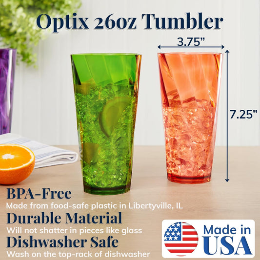 US Acrylic Optix Plastic Reusable Drinking Glasses (Set of 8) 26oz Iced-Tea Cups in Jewel Tone Colors | BPA-Free Tumblers, Made in USA | Top-Rack Dishwasher Safe