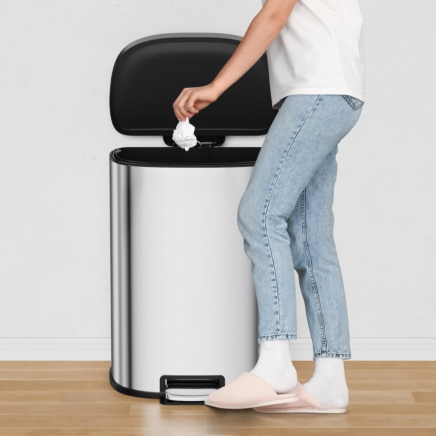 Stainless Steel Trash Can, 15 L/13 gal Hands Free Garbage Can with Soft Close Lid and Foot Pedal, Metal Kitchen Waste Bin with Inner Bucket for Living Room, Office, D Shape, Silver