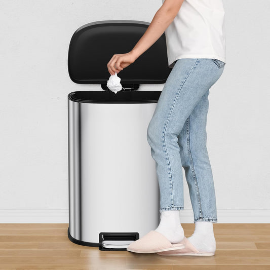 Stainless Steel Trash Can, 15 L/13 gal Hands Free Garbage Can with Soft Close Lid and Foot Pedal, Metal Kitchen Waste Bin with Inner Bucket for Living Room, Office, D Shape, Silver