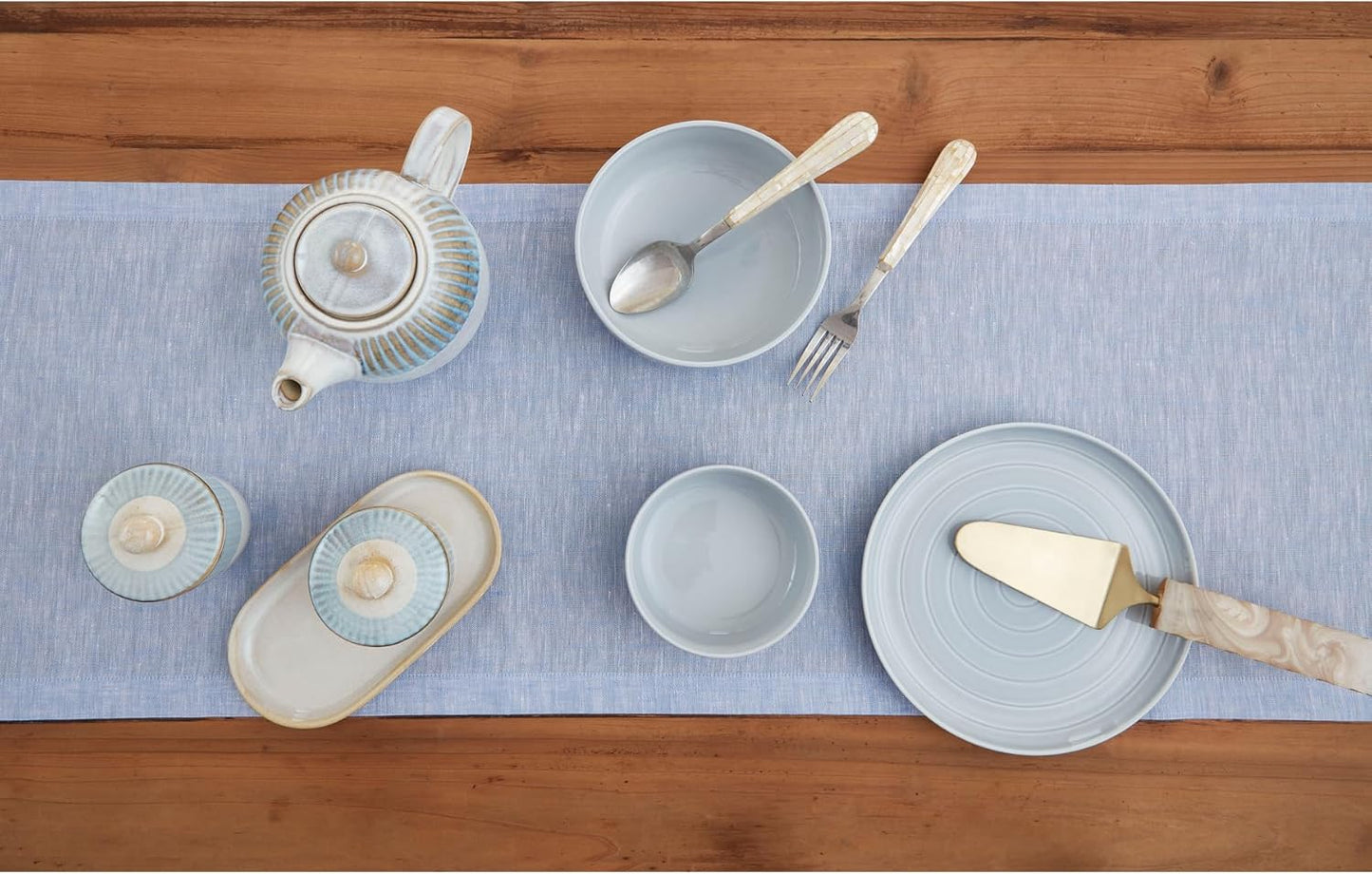 Solino Home Linen Table Runner 108 Inches Long - Athena, 100% Pure Linen Chambray Blue Table Runner 14 x 108 Inch for Dining