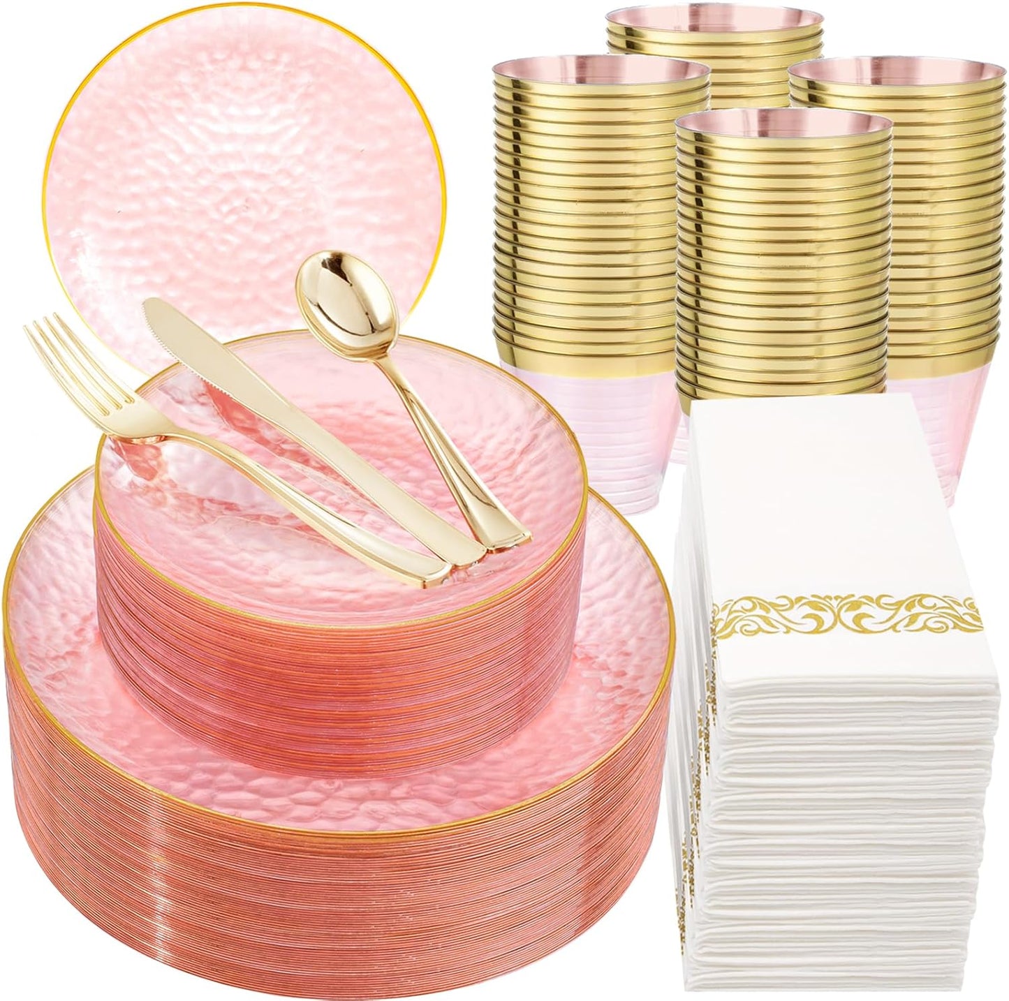 DaYammi 350 Pcs Clear Pink Gold Plastic Plates, Hammered Disposable Dinnerware, Clear Pink Plates Set Include 100 Plastic Platos, 150 Gold Disposable Silverware, 50 Cups And 50 Napkins for Party