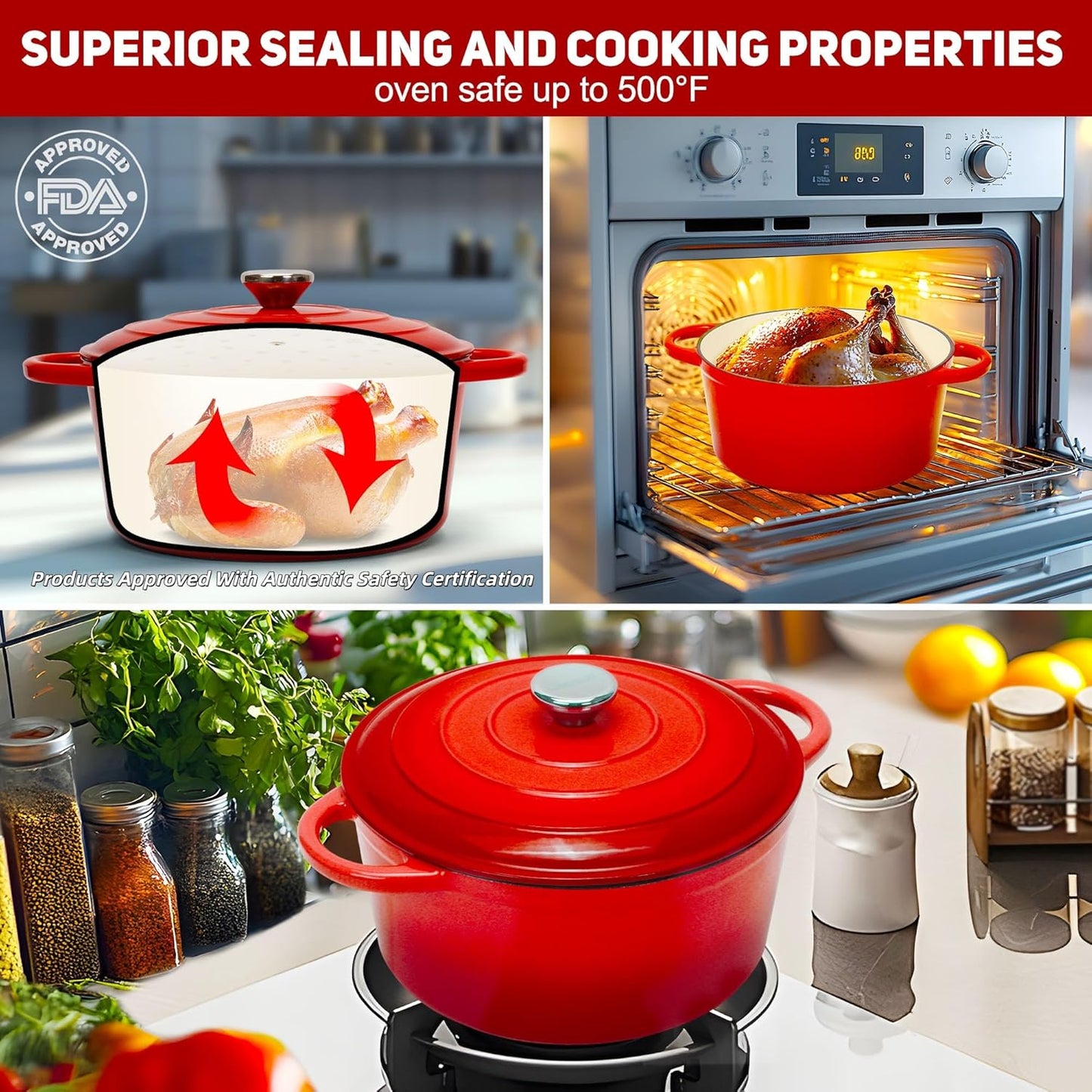 5 Quart Enameled Cast Iron Dutch Oven Pot with Lid, Dual Handle for Bread Baking, Heavy-Duty Cookware for Braising, Stews, Roasting (Red)