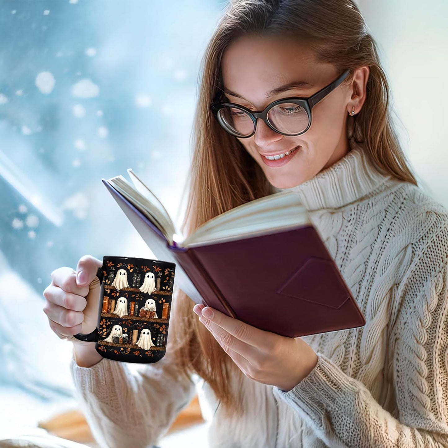 Hyturtle Cute Ghost Read Book Mug - Black Coffee Cup Ceramic Mug 15 Oz And Keychain - Book Gifts For Women Lover - Bookish Gift For Bookworm Librarian - Inspirational Librarian Present For Halloween