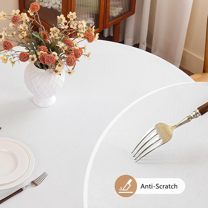 Fabric 60 Inch White Round Table Cloth, Faux Linen Textured Water Resistant & Wipeable Circle Tablecloth, Reusable for Dinning Kitchen Wedding