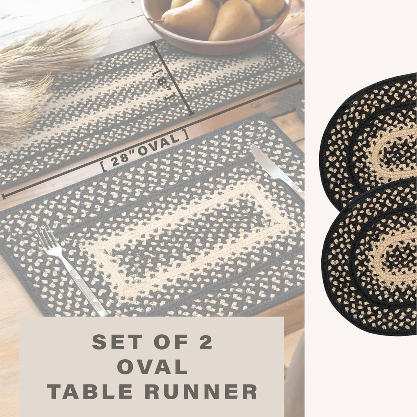 Homespice Manchester Jute Braided Table Runner Set of 2-8x28, Oval, Black & Tan - Rich Colors, Easy to Clean, Durable and Protects Furniture
