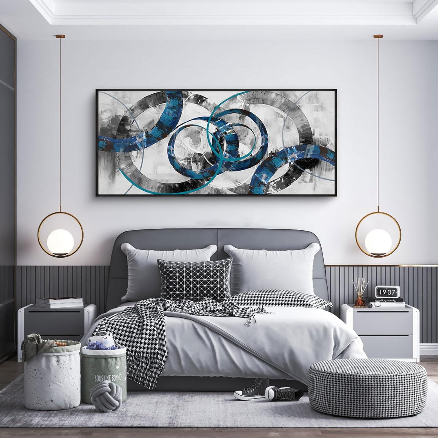 XLSJERST Extra Large Blue Abstract Canvas Wall Art - Modern Art Wall Decor Wall Pictures for Living Room Bedroom Office Gray and White Paintings Artwork for Wall