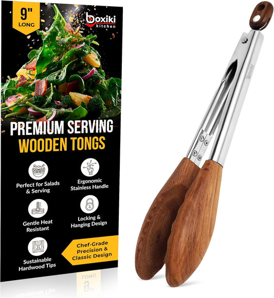 Boxiki Kitchen 9 Inch Tongs for Cooking with Wooden Tips - Nonstick Kitchen Tongs for Serving Food, Grilling, Cooking, BBQ and Tossing Salad - Made of Natural Walnut Wood