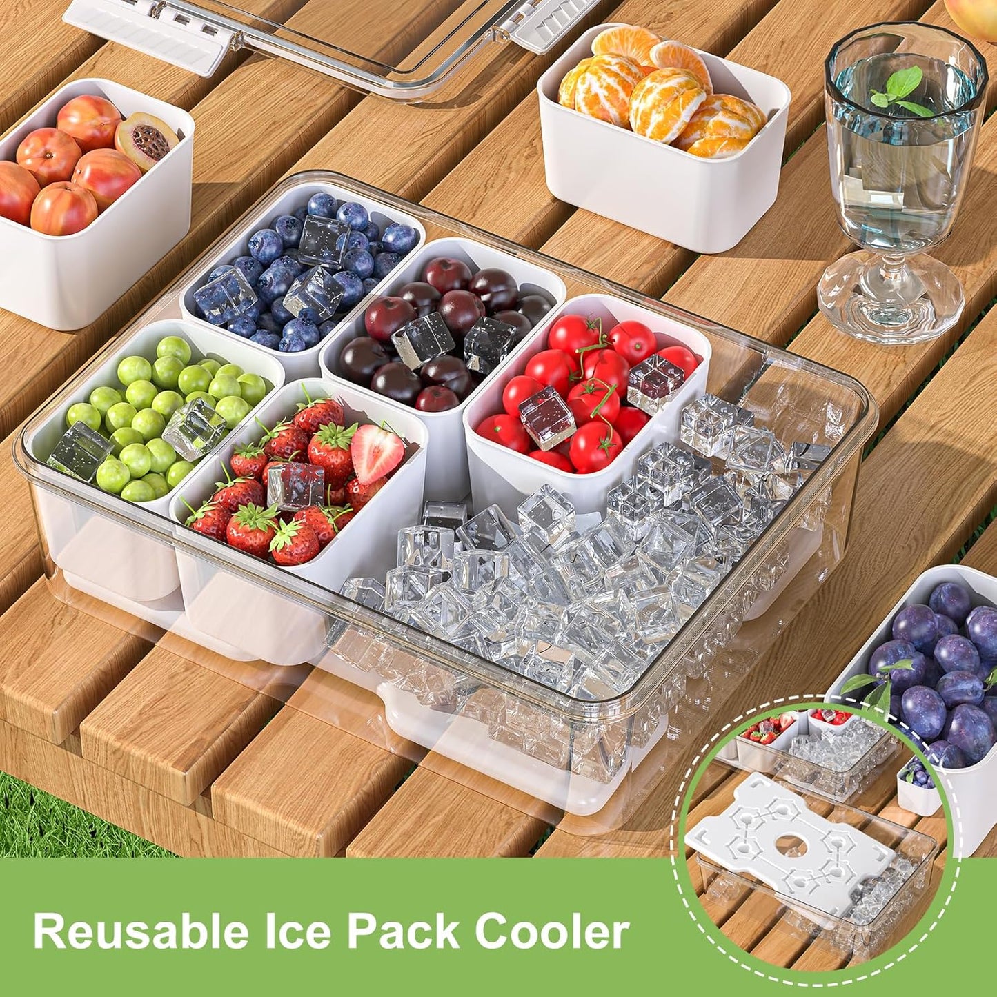 Chilled Snackle Box Container with Ice Pack, Charcoolerie Chilled Portable Serving Tray with Lid and Handle， 8 Compartment Snack Container for Charcuterie Snack Road Trip Picnic Keep Fresh