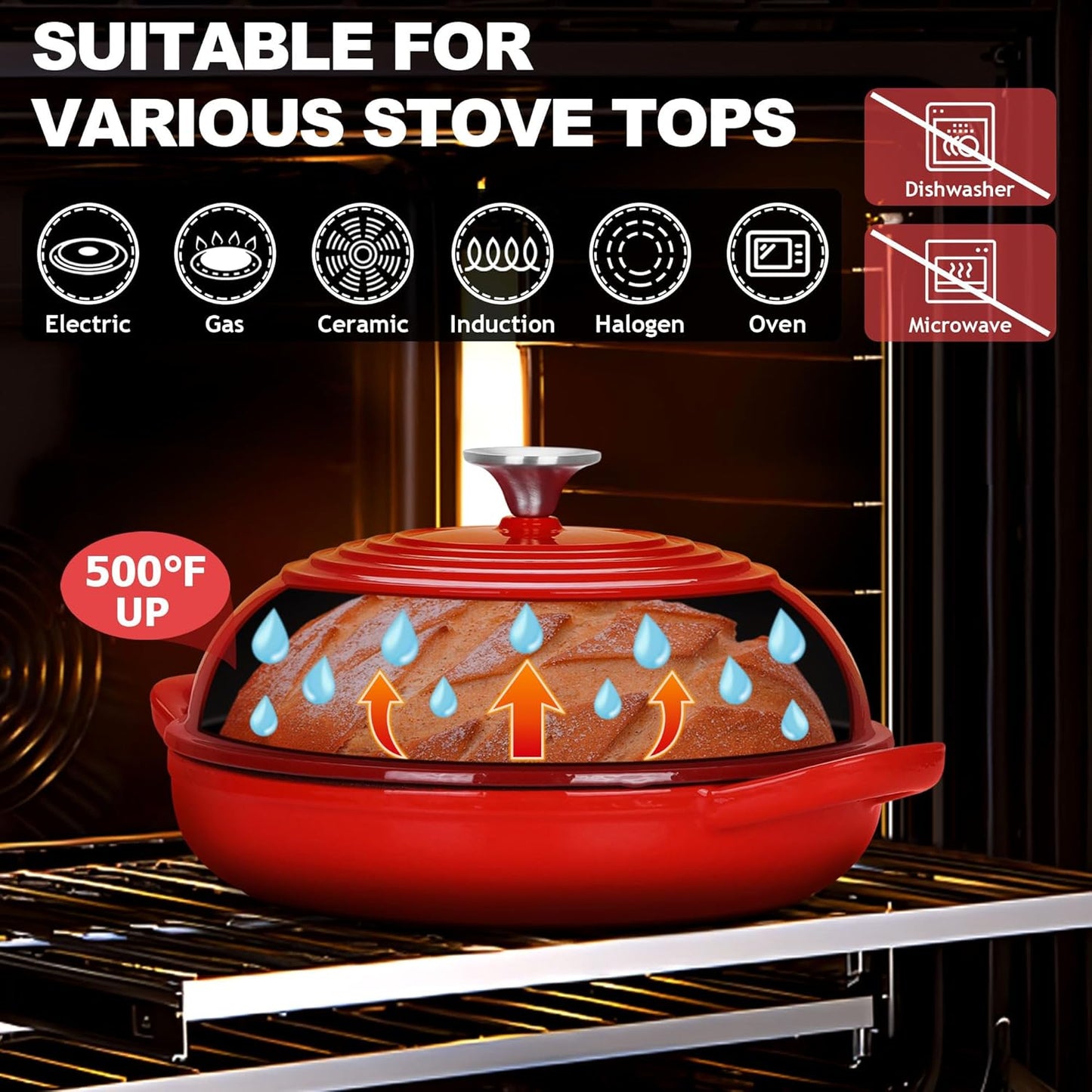 TeamFar Cast Iron Bread Dutch Oven, 6 Qt Enameled Dutch Oven Pot for Sourdough Bread Baking, with Tall Dome Lid & Round Base Pan, Self-Basting & Even-Heating, Heavy-Duty & Non-stick, Red