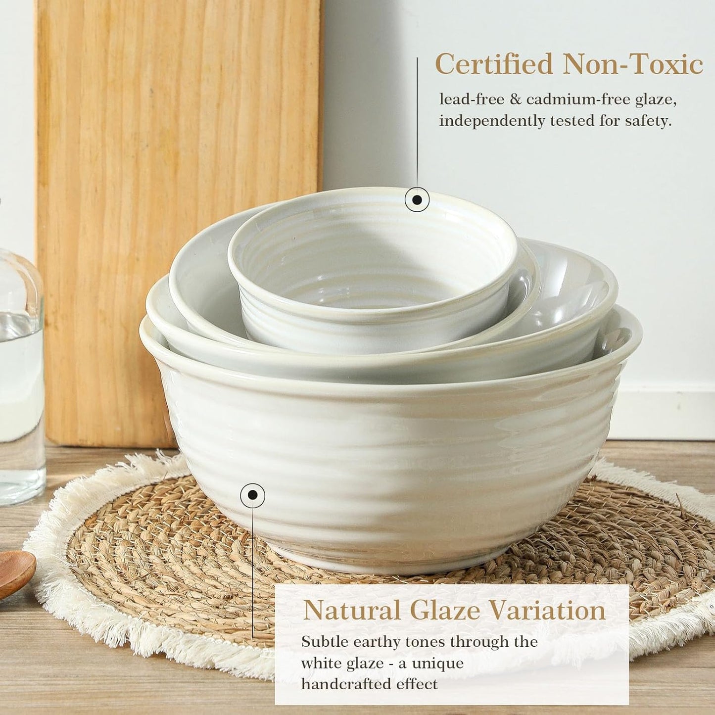 Hasense Porcelain Mixing Bowls, 2.8/2.1/1.0/0.5 Qt, Handmade Large Salad Serving Bowls for Kitchen, Deep Nesting Dishes for Cooking and Baking, Microwave Dishwasher Safe, Clay-Infused White