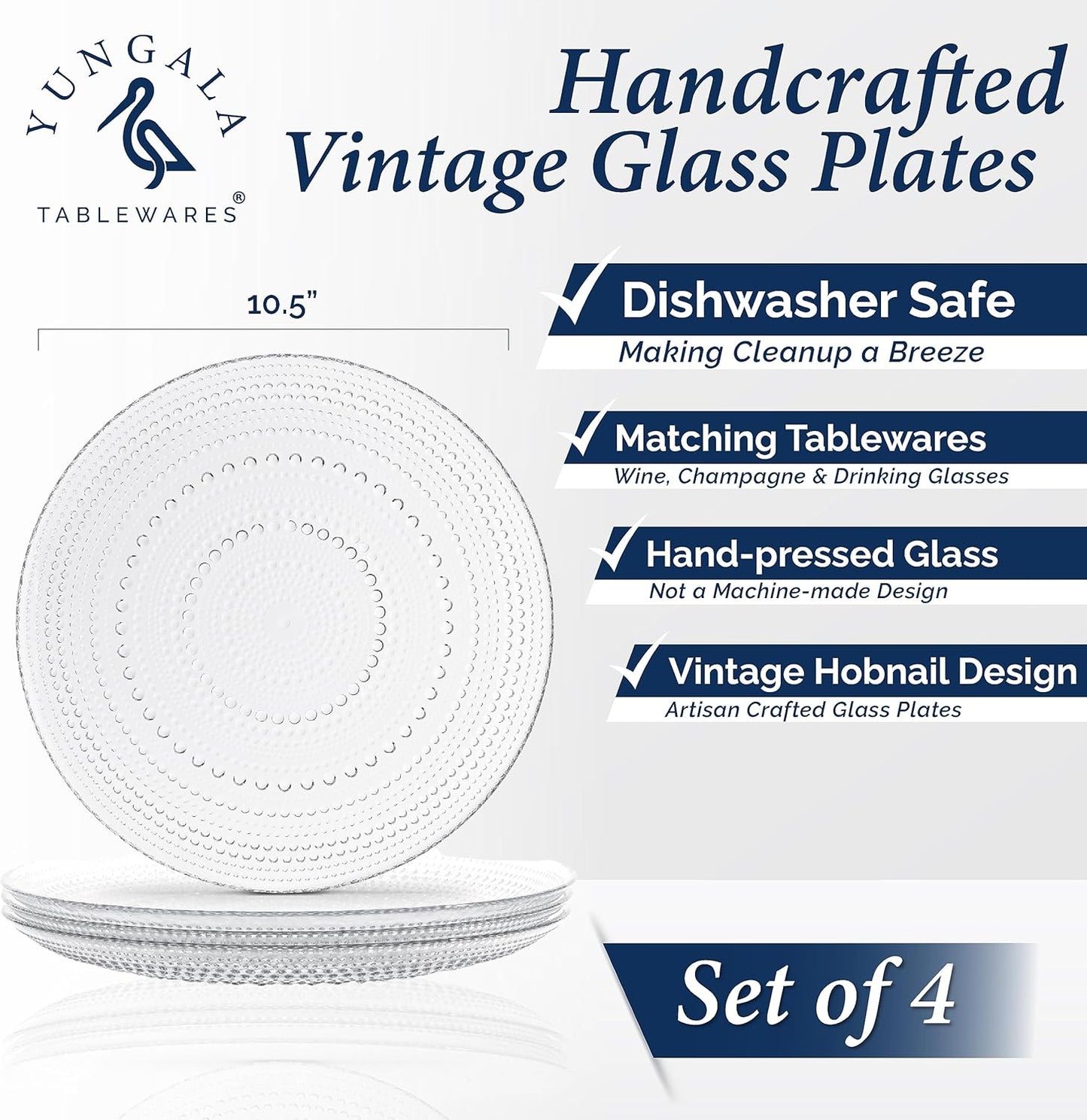 Yungala Set of 4 Vintage Glass Dinner Plates – 10.5" Clear Hobnail Glass Plates, Elegant Dinnerware for Upscale Dining