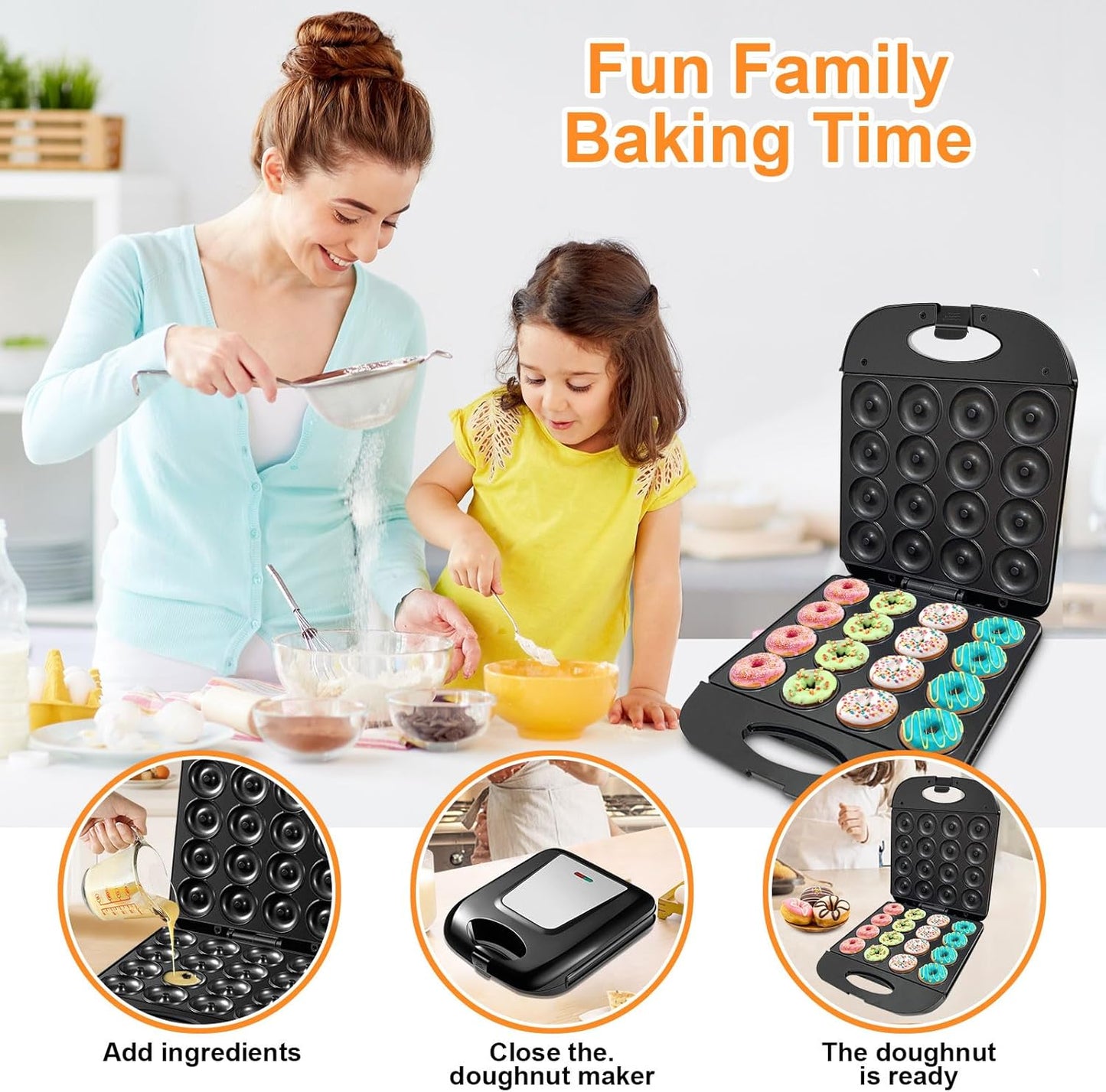 2025 Mini Donut Maker Machine for Home, Kid-Friendly 16-Hole Electric Doughnut and Pancake Maker with Non-Stick Surface, Ideal for Homemade Doughnuts (Black with Mini Oven Gloves & Brush)