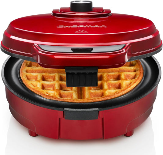 Chefman Anti-Overflow Belgian Waffle Maker w/Shade Selector, Temperature Control Mess Free Moat, Round Iron w/Nonstick Plates & Cool Touch Handle, Measuring Cup Included, Red