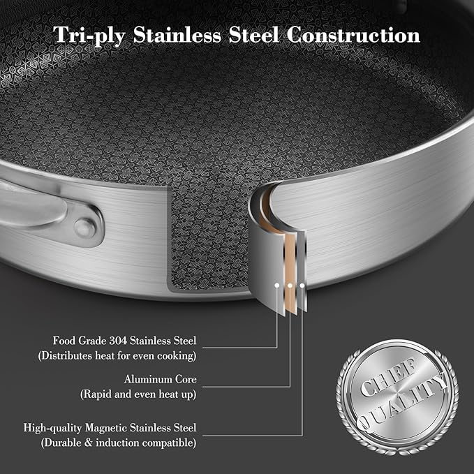 12 Inch Frying Pan Non Stick with Lid, Tri-ply Stainless Steel Saute Pan 5.2QT with Stainless Steel Lid, Fast and Even Heating Stay Cool Handles Induction Dishwasher & Oven Safe PFOA Free Cookware