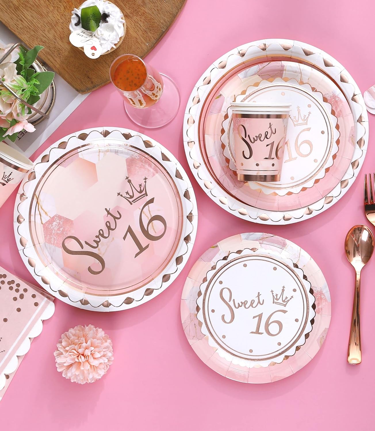 Rose Gold Sweet 16 Birthday Decorations for Girls - Serves 16 - Includes Sweet 16th Plates and Napkins Party Supplies Cups Cutlery for Sweet Sixteen Party