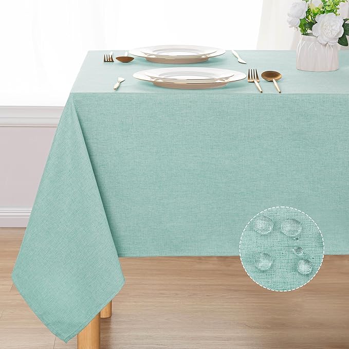 DWCN Rectangle Faux Linen Tablecloth - Textured Waterproof Spill-Proof Wrinkle and Stain Resistant Table Cloth Decorative Fabric Farmhouse Table Cover for Kitchen Dining Party, 60 x 120 Inch, Aqua