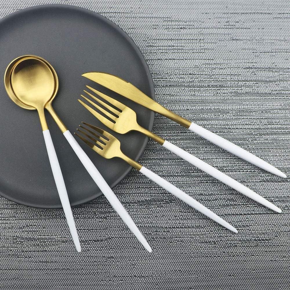JASHII Luxury Wthie Gold Flatware, Silverware Sets, 5-piece Elegant Cute 18/10 Stainless Steel Silverware Set for Eating Home Kitchen Hotel Restaurant, Service Sets for 1 People, Dishwasher Safe