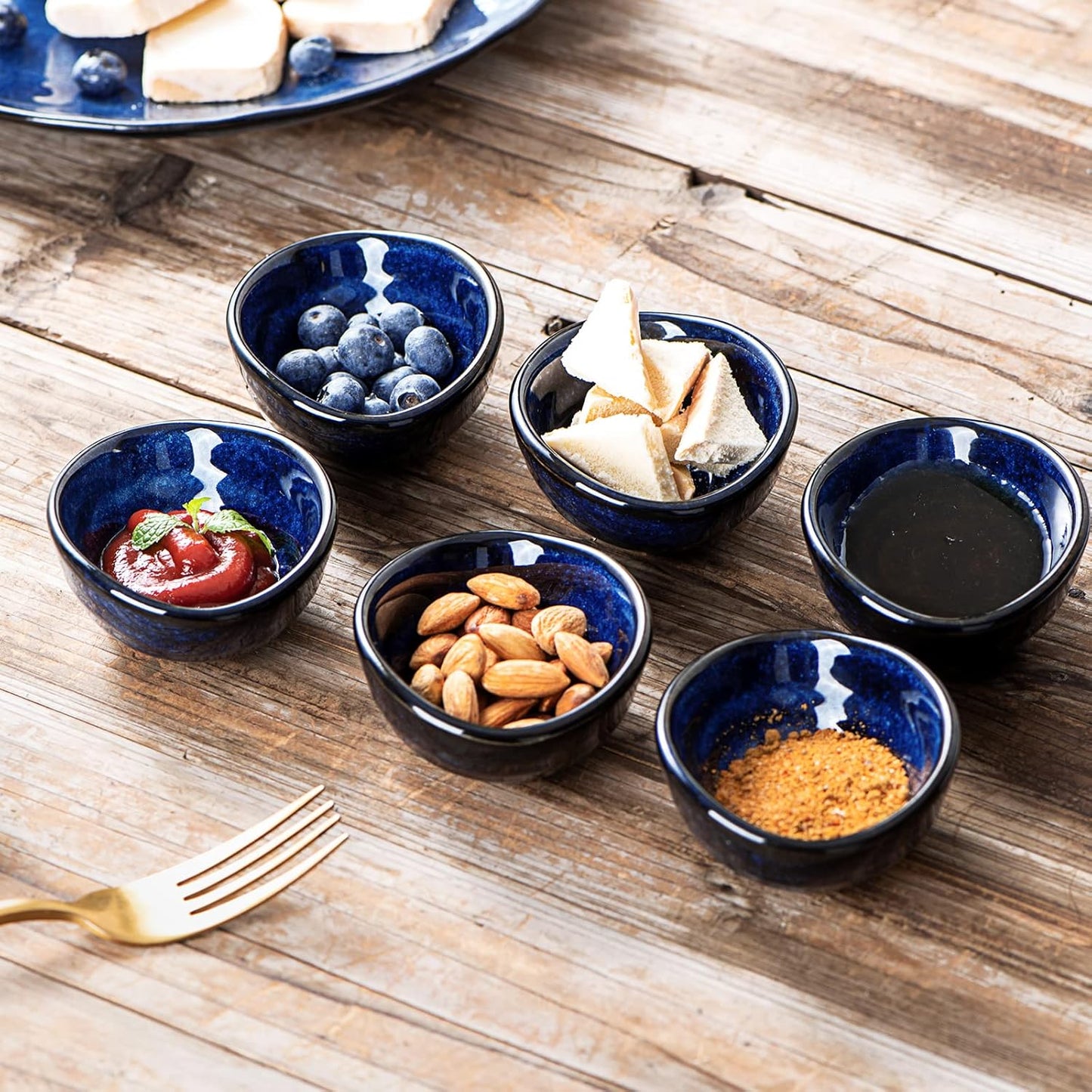 vicrays Ceramic Dipping Sauce Bowls – Small Charcuterie Dip Cups Cooking Prep Condiment Oil Dish Mini Tapas Plates for Soy Sushi Salsas Wasabi Appetizer Dessert - Set of 6 Blue