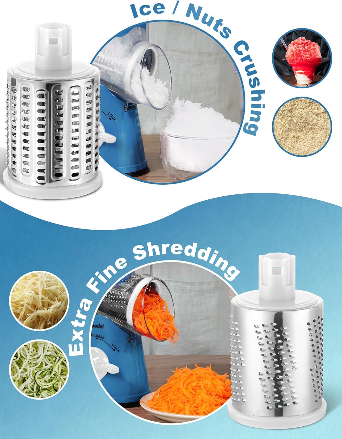 Geedel Rotary Cheese Grater Cheese Shredder - Upgraded 5-in-1 Cheese Grater with Handle and Strong Suction Base, Multi-purpose Vegetable Slicer Ice Shaver Nuts Grinder for Ice, Vegetables, Fruit, Nuts