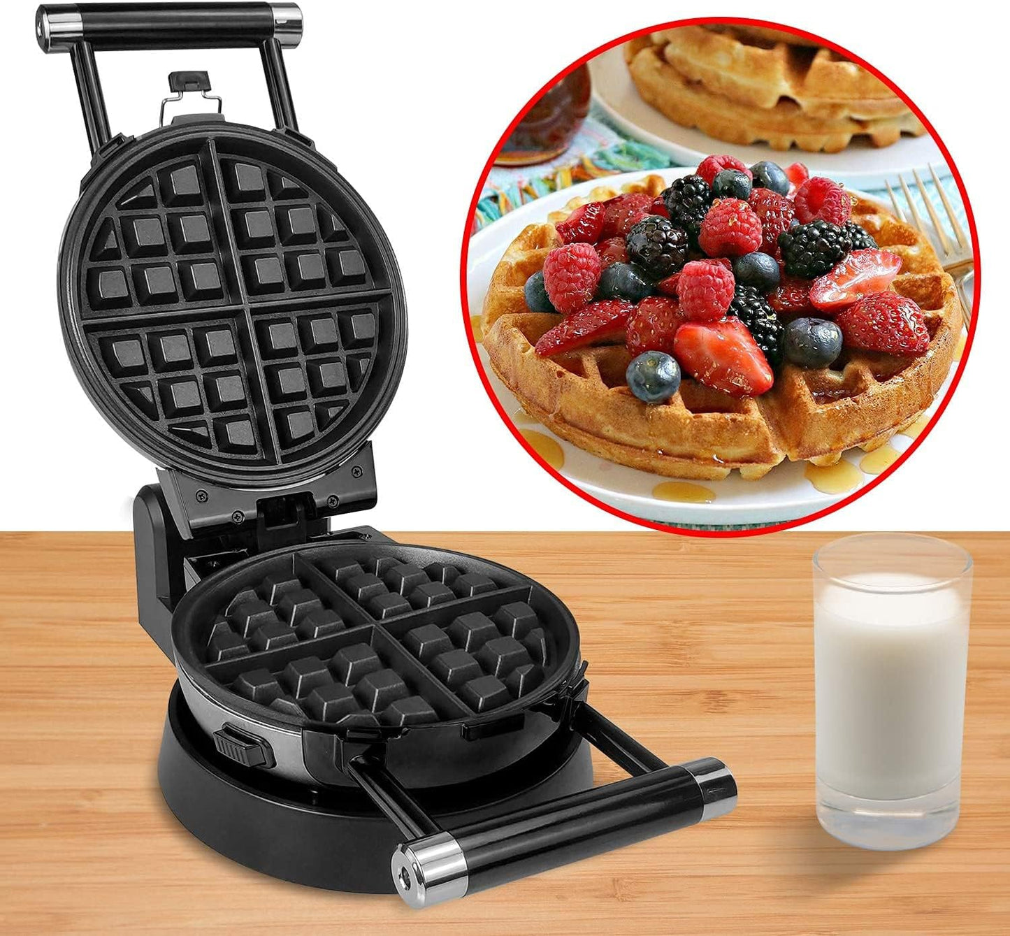 360 Rotating Belgian Multifunction Nonstick Baking Waffle Maker with 2 sets of Interchangeable Belgian Waffle and Omelet Baking plates