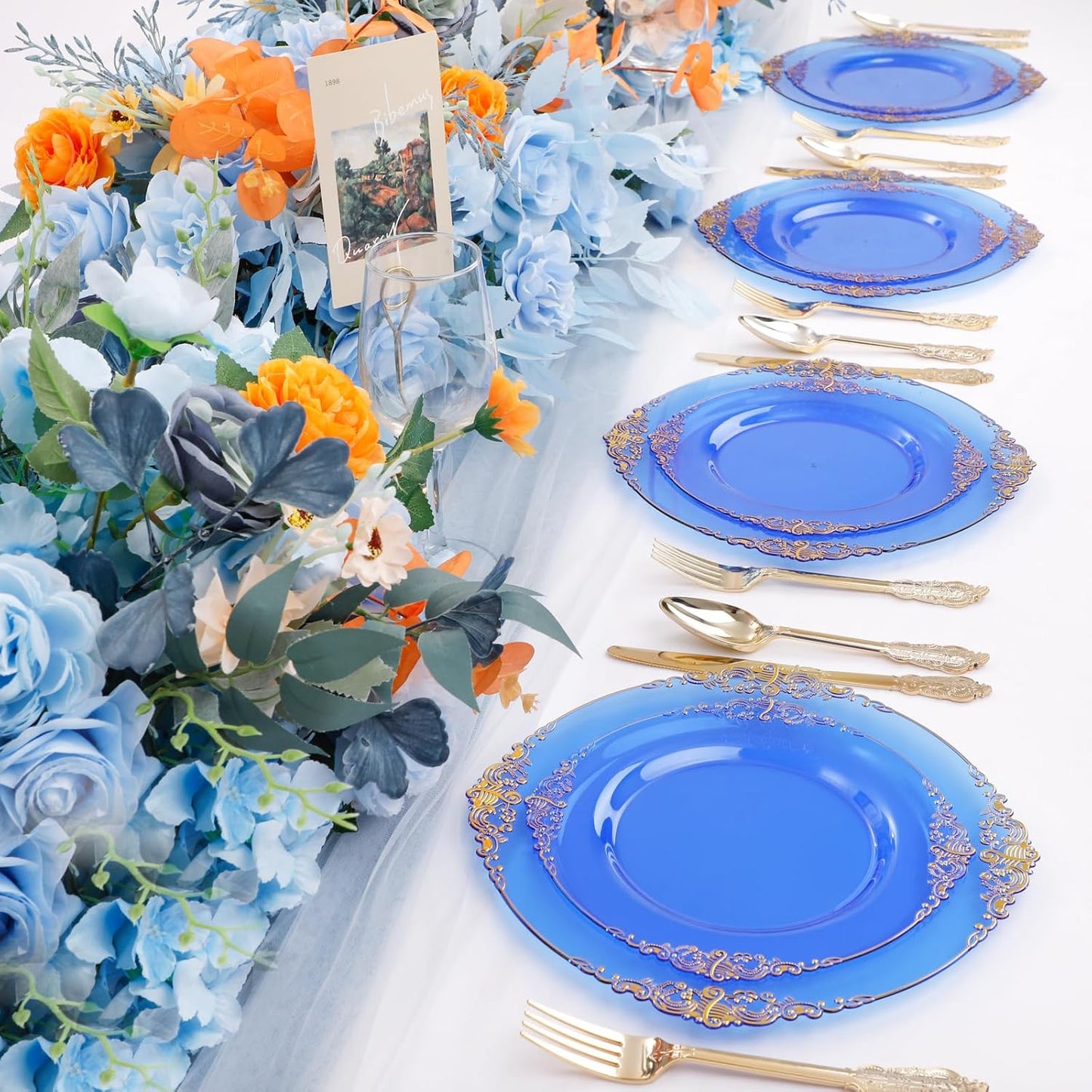 102PCS Blue Plastic Plates - Royal Gold Disposable Plates - Clear Blue Party Plate - Heavyweight Disposable Plate with Gold Rim - Fancy Dinner & Dessert Plates for 51 Guests Party Wedding
