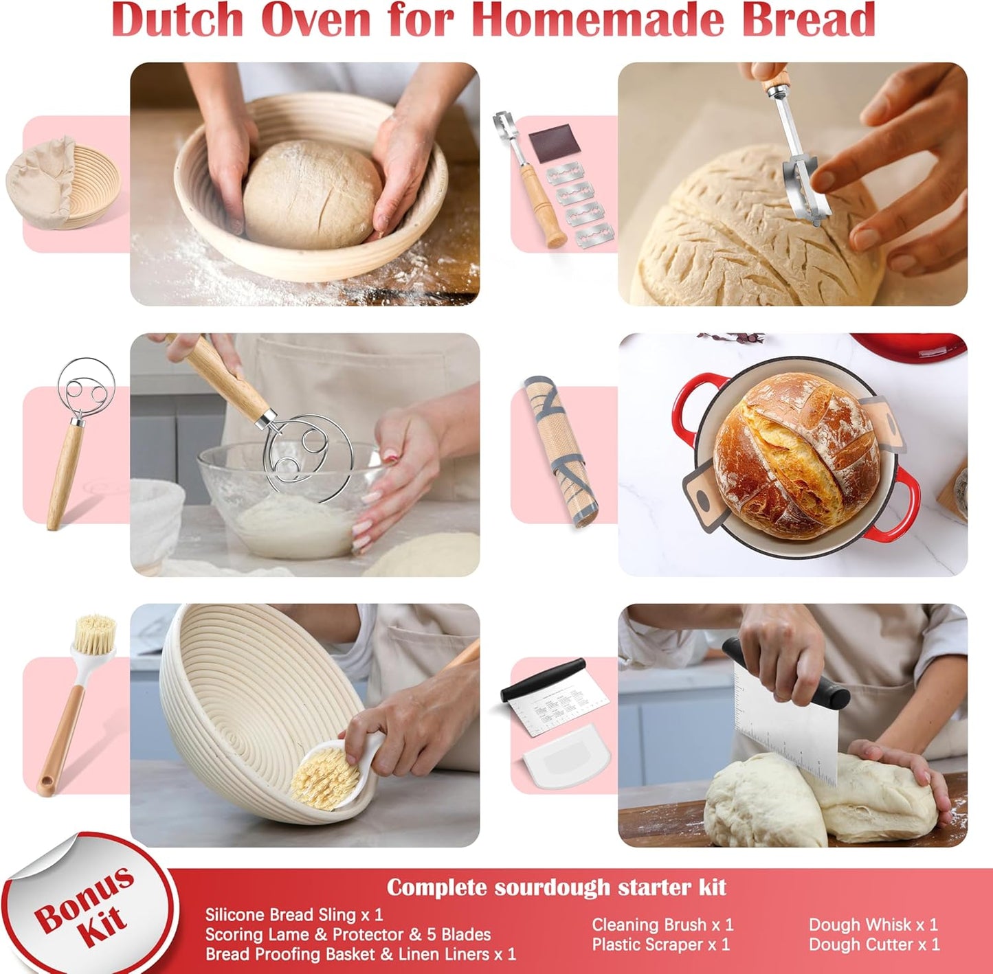 E-far Enameled Dutch Oven Pot for Bread Baking, 6QT Enameled Cast Iron Cookware with Self-Basting Lid & Sourdough Bread Baking Supplies, Heavy Duty Casserole Pot & Dual Handles-Red