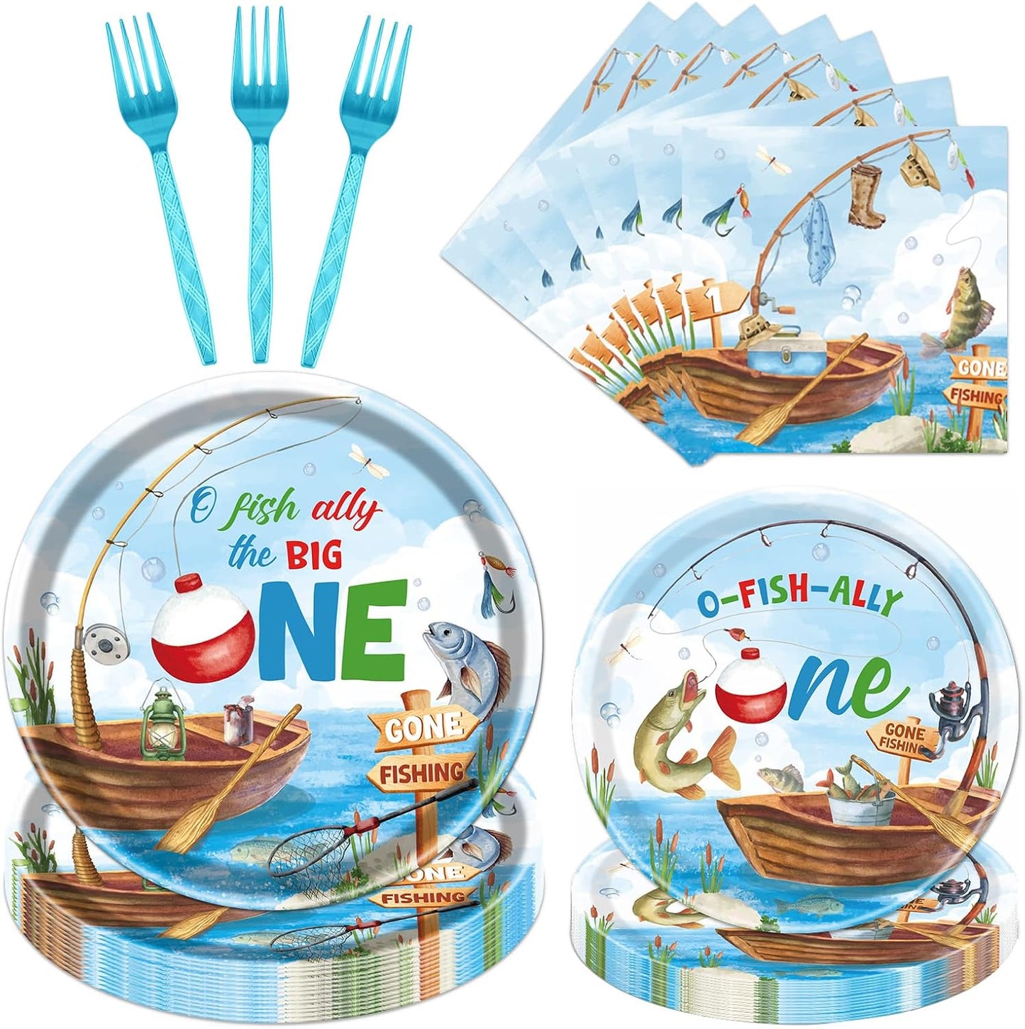 Rakuto Ofishally One Birthday Party Decorations, 96Pcs O Fishally One First Bday Paper Plates and Napkins Tableware Decoration Gone Fishing 1st Forks Decor Fish Themed 1 Years Old Supplies, Serve 24