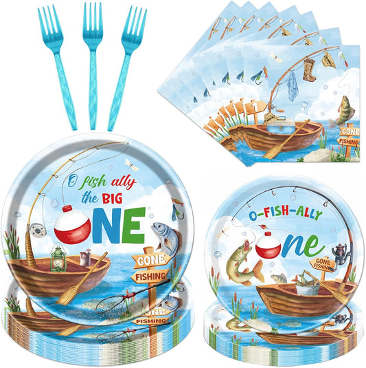 Rakuto Ofishally One Birthday Party Decorations, 96Pcs O Fishally One First Bday Paper Plates and Napkins Tableware Decoration Gone Fishing 1st Forks Decor Fish Themed 1 Years Old Supplies, Serve 24