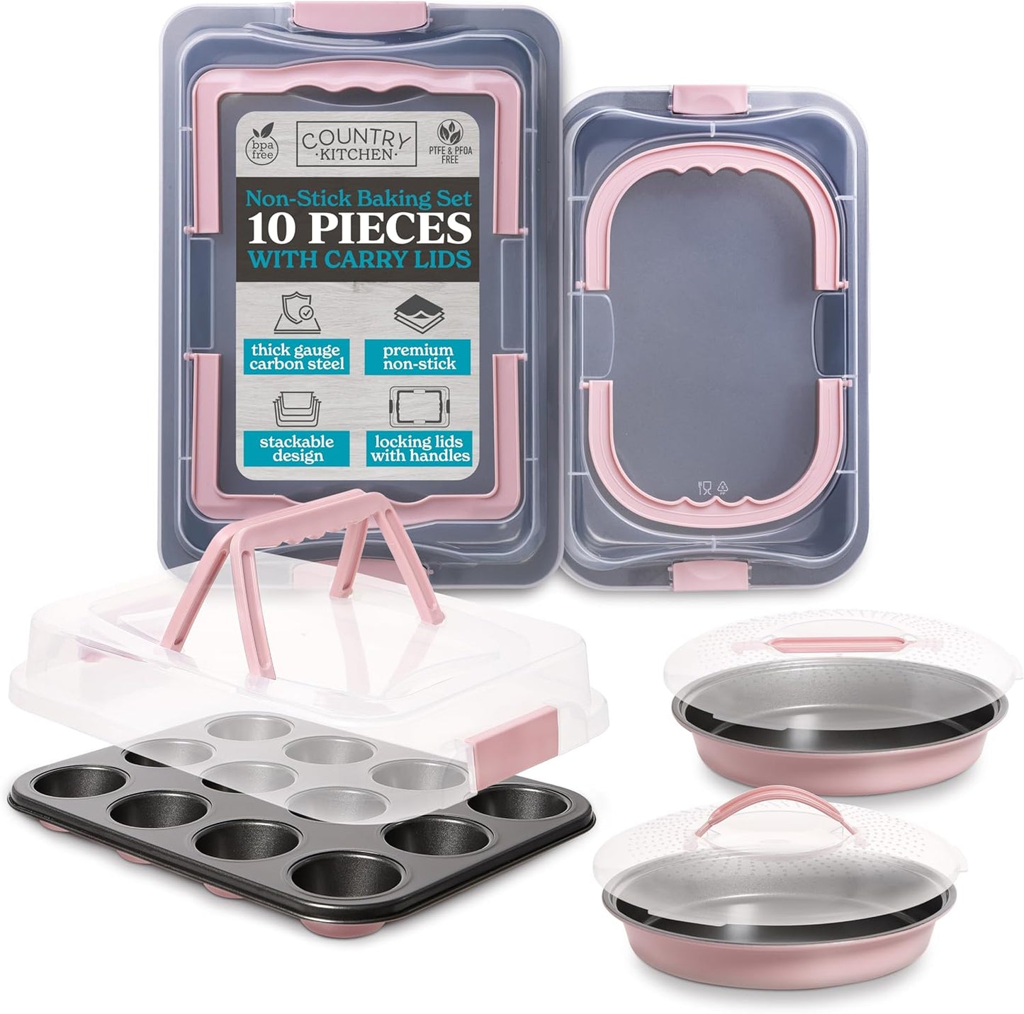 Country Kitchen Baking Pans Set - 10 Piece Non-Stick Cake Pans with Carry Lids for Easy Storage & Travel, Perfect for Parties - Stackable, Pink
