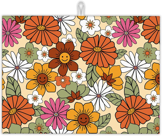Retro 70s Groovy Flowers Dish Drying Mats 18x24 Inch,Daisy Boho Dish Pad Drying Rack Mat for Kitchen Counter Ultra Absorbent Microfiber Dishware Coffee Maker Bar Countertop Decor