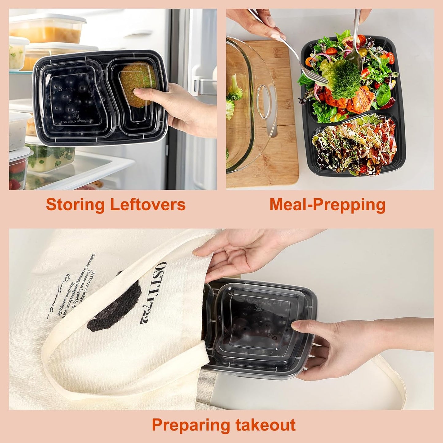 50 Pack Meal Prep Containers Reusable,2-Compartment Plastic Food Storage Containers with Lids,Bento Box,Microwave,Freezer,Dishwasher Safe,Lightweight & Durable,30oz