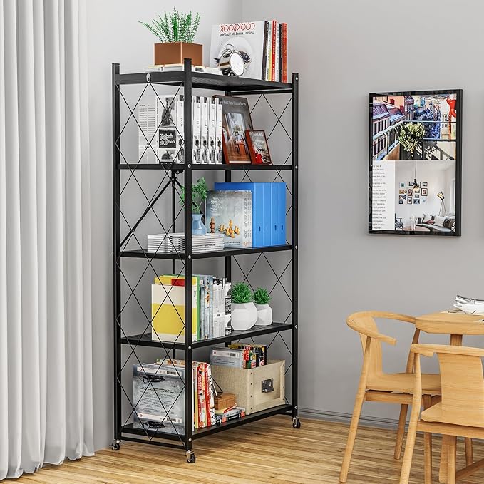 Lifetime Home 5-Tier Foldable Storage Shelf with Wheels - Metal Collapsible Shelving Unit Display, Rolling Cart for Books Kitchen Storage Shelves, Pantry & Closet Organizer, Office Room Decor - Black