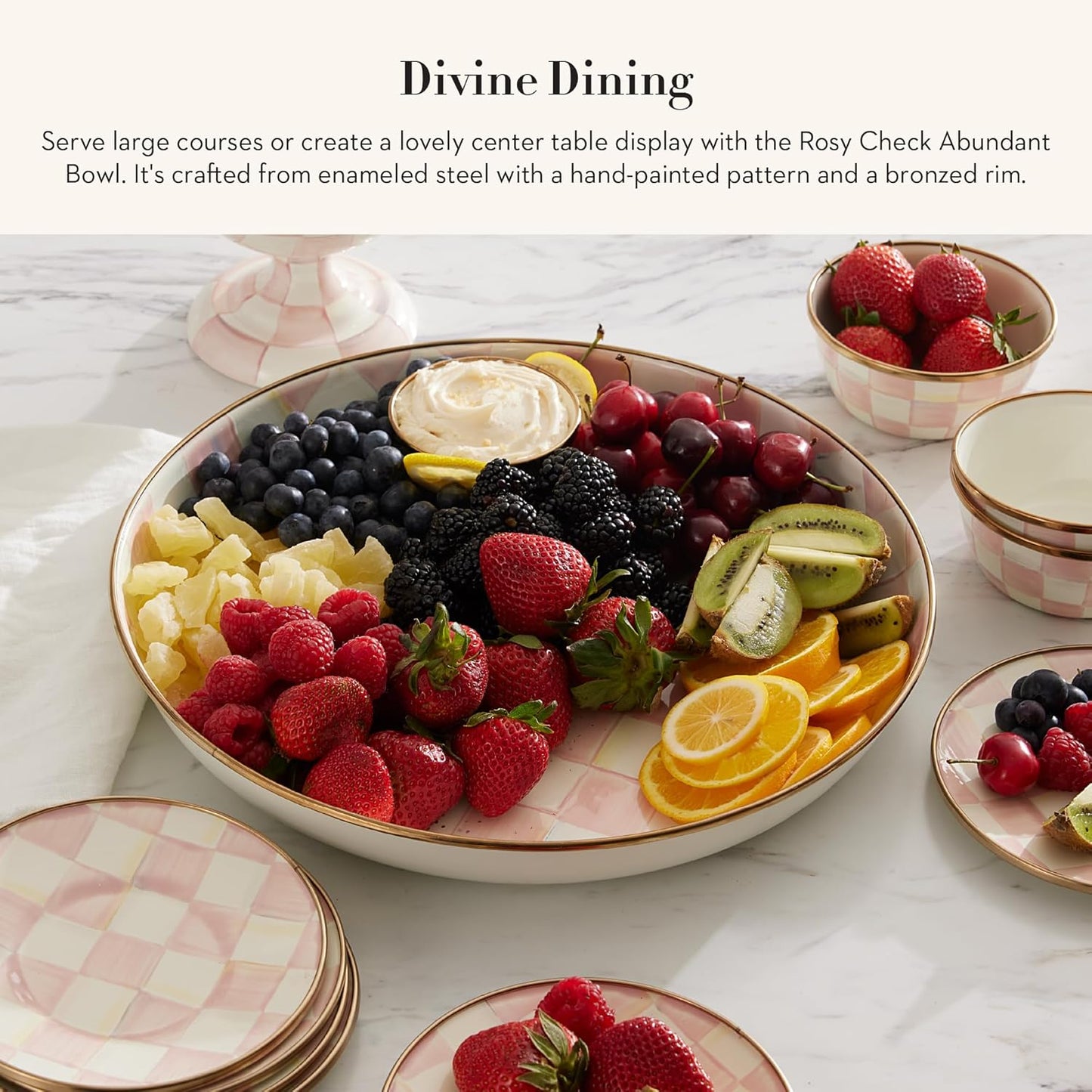 MACKENZIE-CHILDS Enamel Abundant Bowl, Decorative or Serving Bowl, 13-Cup Capacity, Pink-and-White Rosy Check