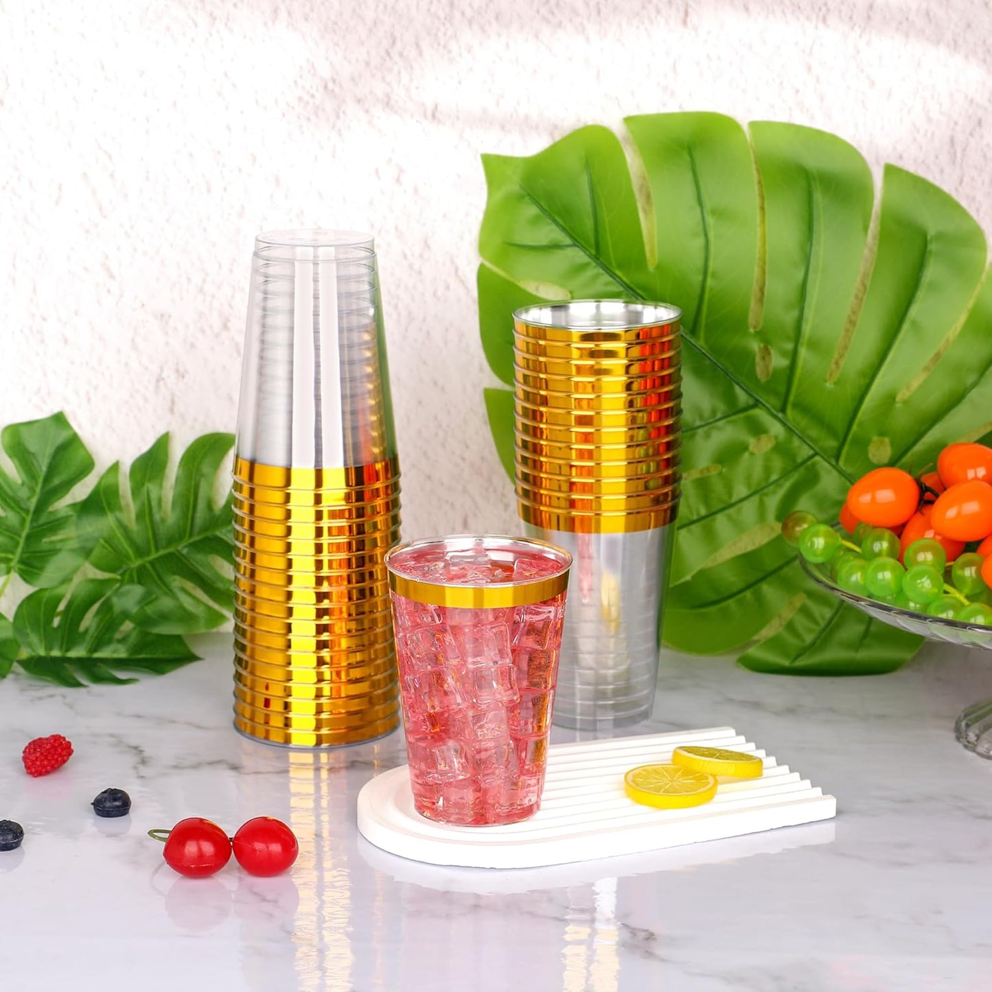 200 Pcs Gold Plastic Cups,12oz Gold Rimmed Plastic Cups,Heavy Duty Disposable Plastiic Wine Glasses Cocktail Glasses Premium Cup with Gold Rim for Party,Wedding,Christmas