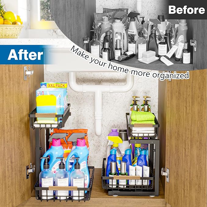 Under Sink Organizers, 2 Tier Pull Out Under Cabinet Organizer，Height Adjustable Pull Out Cabinet Drawers, Metal Sliding Drawer for Kitchen Bathroom Pantry Cabinet Closet Organization Rack，1 Pack